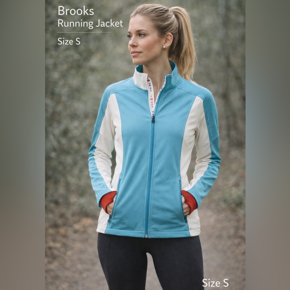390 Brooks Blue White Full Zip Athletic Jacket S Running Thumbholes Lightweight